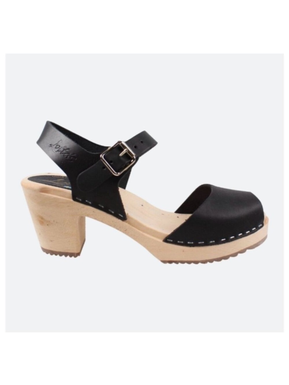 Lotta From Stockholm Black Leather Open-Toe Clog Sandal with Wood Heel. Size 40.